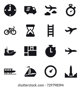 16 vector icon set : clock, delivery, journey, stopwatch, bike, stairs, plane, train, sail boat, barometer