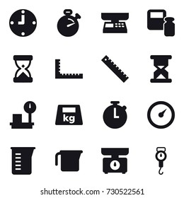 16 vector icon set : clock, stopwatch, market scales, scales weight, ruler, barometer, measuring cup, kitchen scales, handle scales