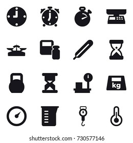 16 vector icon set : clock, alarm clock, stopwatch, market scales, scales, scales weight, barometer, measuring cup, handle scales
