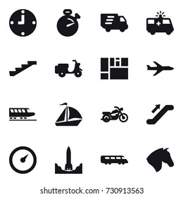 16 vector icon set : clock, stopwatch, delivery, stairs, plane, train, sail boat, motorcycle, escalator, barometer, horse