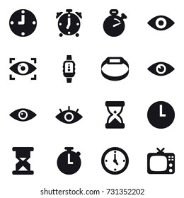 16 vector icon set : clock, alarm clock, stopwatch, eye, eye identity, smartwatch, smart bracelet, watch, tv