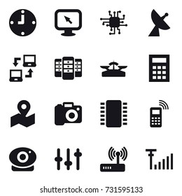 16 vector icon set : clock, monitor arrow, chip, satellite antenna, notebook connect, server, scales, calculator, camera