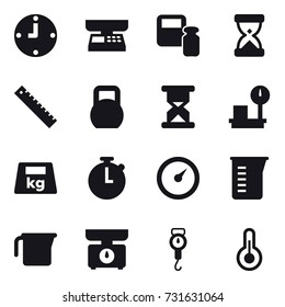 16 vector icon set : clock, market scales, scales weight, ruler, barometer, measuring cup, kitchen scales, handle scales