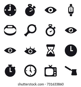 16 vector icon set : clock, stopwatch, eye, smartwatch, smart bracelet, magnifier, watch, tv, turk