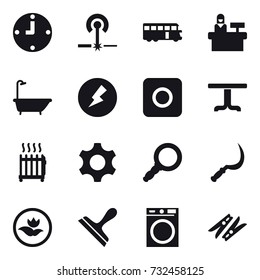 16 vector icon set : clock, laser, bus, reception, bath, electricity, ring button, table, radiator, sickle, ecology, scraper, washing machine, clothespin