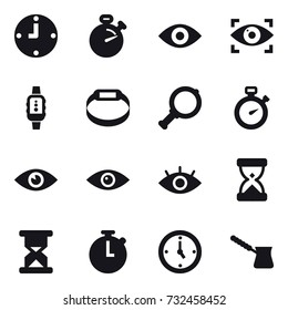 16 vector icon set : clock, stopwatch, eye, eye identity, smartwatch, smart bracelet, magnifier, watch, turk