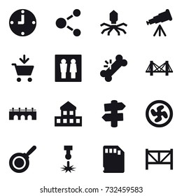 16 vector icon set : clock, molecule, virus, telescope, add to cart, wc, bridge, cottage, signpost, cooler fan, pan, farm fence