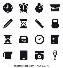 16 vector icon set : clock, alarm clock, stopwatch, market scales, ruler, barometer, measuring cup, kitchen scales, handle scales