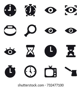 16 vector icon set : clock, alarm clock, eye, eye identity, smart bracelet, magnifier, watch, tv, turkish