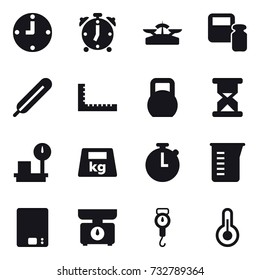 16 vector icon set : clock, alarm clock, scales, scales weight, ruler, measuring cup, kitchen scales, handle scales