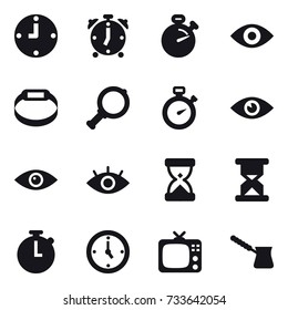 16 vector icon set : clock, alarm clock, stopwatch, eye, smart bracelet, magnifier, watch, tv, turk