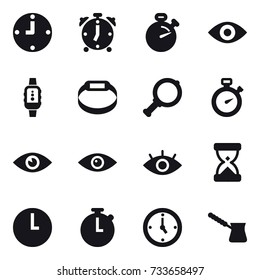 16 vector icon set : clock, alarm clock, stopwatch, eye, smartwatch, smart bracelet, magnifier, watch, turk