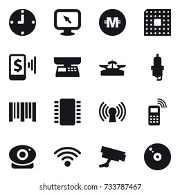 16 vector icon set : clock, monitor arrow, crypto currency, cpu, mobile pay, market scales, scales, spark plug