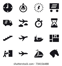 16 vector icon set : clock, rocket, lightning, delivery, journey, stopwatch, stairs, plane, sail boat, horse