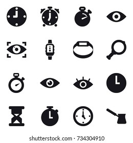 16 vector icon set : clock, alarm clock, stopwatch, eye, eye identity, smartwatch, smart bracelet, magnifier, watch, turk