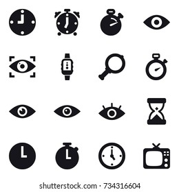 16 vector icon set : clock, alarm clock, stopwatch, eye, eye identity, smartwatch, magnifier, watch, tv