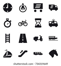 16 vector icon set : clock, rocket, delivery, stopwatch, bike, stairs, train, sail boat, escalator, horse