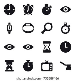 16 vector icon set : clock, alarm clock, stopwatch, eye, smartwatch, smart bracelet, magnifier, tv, turk