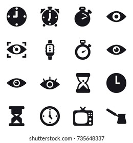 16 vector icon set : clock, alarm clock, stopwatch, eye, eye identity, smartwatch, watch, tv, turk