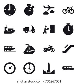 16 vector icon set : clock, stopwatch, journey, bike, train, sail boat, motorcycle, escalator, barometer, watch