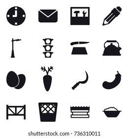 16 vector icon set : clock, mail, tools, pencil, outdoor light, cutting board, kettle, sickle, eggplant, farm fence, trash bin, sponge, foam basin