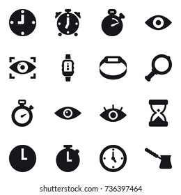 16 vector icon set : clock, alarm clock, stopwatch, eye, eye identity, smartwatch, smart bracelet, magnifier, watch, turk