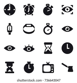 16 vector icon set : clock, alarm clock, stopwatch, eye identity, smartwatch, smart bracelet, tv, turk