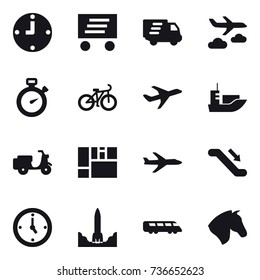 16 vector icon set : clock, delivery, journey, stopwatch, bike, plane, escalator, watch, horse