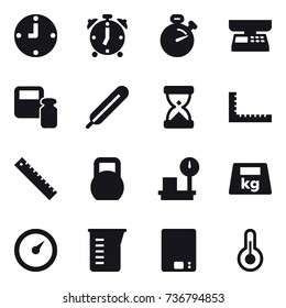 16 vector icon set : clock, alarm clock, stopwatch, market scales, scales weight, ruler, barometer, measuring cup, kitchen scales