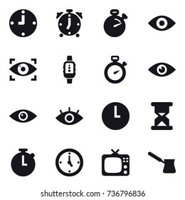 16 vector icon set : clock, alarm clock, stopwatch, eye, eye identity, smartwatch, watch, tv, turk