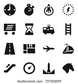 16 vector icon set : clock, stopwatch, rocket, lightning, delivery, stairs, plane, sail boat, escalator, barometer, horse