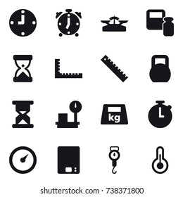 16 vector icon set : clock, alarm clock, scales, scales weight, ruler, barometer, kitchen scales, handle scales