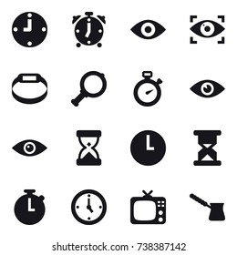 16 vector icon set : clock, alarm clock, eye, eye identity, smart bracelet, magnifier, stopwatch, watch, tv, turk