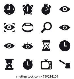 16 vector icon set : clock, alarm clock, stopwatch, eye, eye identity, smart bracelet, magnifier, tv, turk