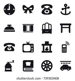 16 vector icon set : clock, bow, service bell, wardrobe, dresser, stool, phone, tv, fireplace, hand mill, wheel, car wash