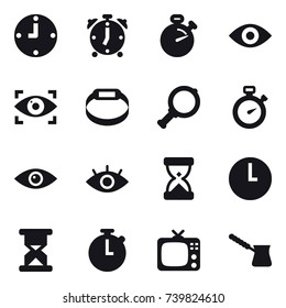 16 vector icon set : clock, alarm clock, stopwatch, eye, eye identity, smart bracelet, magnifier, tv, turk