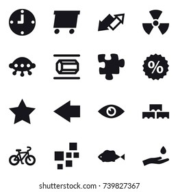 16 vector icon set : clock, delivery, up down arrow, nuclear, ufo, nanotube, puzzle, percent, star, left arrow, block wall, bike, hand and drop