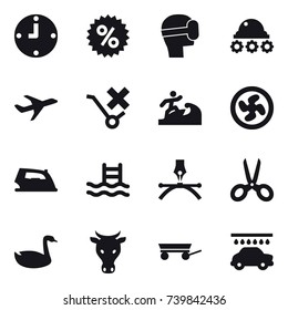 16 vector icon set : clock, percent, virtual mask, lunar rover, surfer, cooler fan, iron, pool, scissors, goose, cow, trailer, car wash