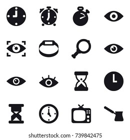16 vector icon set : clock, alarm clock, stopwatch, eye, eye identity, smart bracelet, magnifier, watch, tv, turk