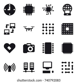 16 vector icon set : clock, chip, notebook globe, notebook connect, drone, cpu, camera