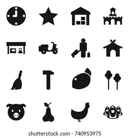 16 vector icon set : clock, star, warehouse, fort, gas station, passenger, bungalow, broom, trees, pig, pear, chicken, outsource