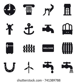 16 vector icon set : clock, column, greate wall, building, windmill, water tap, dresser, fridge, fence, welcome mat, barrel, horseshoe