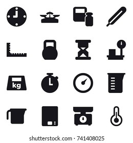 16 vector icon set : clock, scales, scales weight, ruler, barometer, measuring cup, kitchen scales