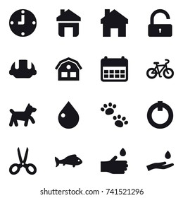 16 vector icon set : clock, home, unlock, building helmet, house, bike, dog, drop, pets, scissors, fish, hand drop, hand and drop