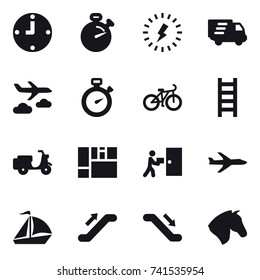 16 vector icon set : clock, stopwatch, lightning, delivery, journey, bike, stairs, plane, sail boat, escalator, horse