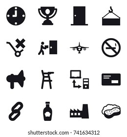 16 vector icon set : clock, trophy, door, plane, no smoking, loudspeaker, Chair for babies, factory, sponge with foam