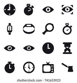 16 vector icon set : clock, stopwatch, eye, eye identity, smartwatch, smart bracelet, magnifier, watch, tv, turk