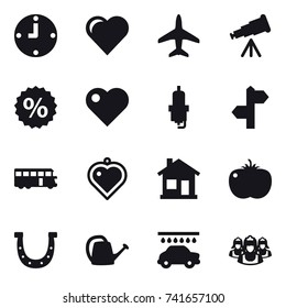 16 vector icon set : clock, heart, plane, telescope, percent, spark plug, bus, heart pendant, home, horseshoe, watering can, car wash, outsource