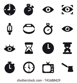 16 vector icon set : clock, stopwatch, eye, eye identity, smartwatch, smart bracelet, watch, tv, turk