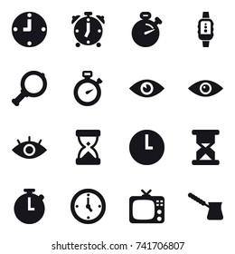 16 vector icon set : clock, alarm clock, stopwatch, smartwatch, magnifier, watch, tv, turk